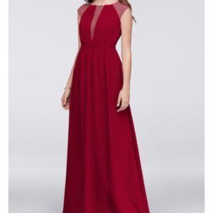 Red David's Bridal Bridesmaid Dress w/ Lace Inset